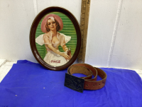 COCOA COLA TIN TRAY + LEATHER BELT W/COKE BUCKLE