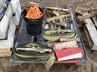 PALLET W/ RATCHET STRAPS, FLAGS & MISCELLANEOUS