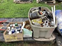 PALLET W/ TOTE OF MISCELLANEOUS PARTS & BOXES OF SPRAY PAINT