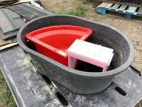 PALLET W/ STOCK TANKS, STOOL & HANGING POTS