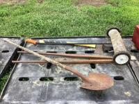 PALLET OF TOOLS W/ SHOVEL, AXE, BARS & MISCELLANEOUS