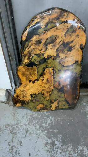 TABLE TOP LIVE EDGE WOOD SLAB, EPOXY TOP W/ SOME FERN DETAILING UNDERNEATH