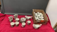BOX OF IRONSTONE CUPS & SAUCERS W/ (2) GRAVY BOAT