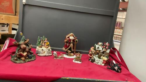 BOX OF ASSORTED CHRISTMAS DECOR RESIGN STATUES, SMALL CERAMIC VINTAGE TREE, AND (3) WATER FOUNTAINS