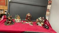 BOX OF ASSORTED CHRISTMAS DECOR RESIGN STATUES, SMALL CERAMIC VINTAGE TREE, AND (3) WATER FOUNTAINS
