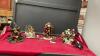 BOX OF ASSORTED CHRISTMAS DECOR RESIGN STATUES, SMALL CERAMIC VINTAGE TREE, AND (3) WATER FOUNTAINS