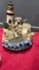 BOX OF ASSORTED CHRISTMAS DECOR RESIGN STATUES, SMALL CERAMIC VINTAGE TREE, AND (3) WATER FOUNTAINS - 9