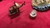 BOX OF ASSORTED CHRISTMAS DECOR RESIGN STATUES, SMALL CERAMIC VINTAGE TREE, AND (3) WATER FOUNTAINS - 10