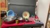 BOX OF ASSORTED KITCHENWARE - FRYING PANS, VARIETY OF KNIVES, VEGGIE SLICERS, STAINLESS BOWL, ETC.