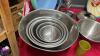 BOX OF ASSORTED KITCHENWARE - FRYING PANS, VARIETY OF KNIVES, VEGGIE SLICERS, STAINLESS BOWL, ETC. - 2