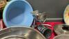 BOX OF ASSORTED KITCHENWARE - FRYING PANS, VARIETY OF KNIVES, VEGGIE SLICERS, STAINLESS BOWL, ETC. - 3