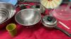 BOX OF ASSORTED KITCHENWARE - FRYING PANS, VARIETY OF KNIVES, VEGGIE SLICERS, STAINLESS BOWL, ETC. - 4