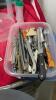 BOX OF ASSORTED KITCHENWARE - FRYING PANS, VARIETY OF KNIVES, VEGGIE SLICERS, STAINLESS BOWL, ETC. - 6