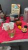 OLD SELECT-O-PHONE, OLD ROYAL CANADIAN MINT CANVAS BAGS, OLD JARS, OLD TOASTER, FEW INSULATORS, MUGS - ONE IS A FIRE KING, ETC. - 5