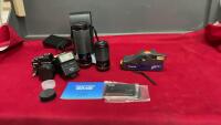 PRAKTICA 35MM FILM CAMERA, VIVITAR FLASH AND LENS + A TAMRON SO 60-300MM F 3.8-5.4 LENS AND A POLAROID CAMERA