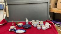 BLUE VINTAGE DISHES AND SOME POTTERY MUGS W/ CREAM AND SUGAR, SOAP DISPENSER, TEA CUPS AND SAUCERS - ROYAL ALBERT