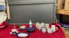 BLUE VINTAGE DISHES AND SOME POTTERY MUGS W/ CREAM AND SUGAR, SOAP DISPENSER, TEA CUPS AND SAUCERS - ROYAL ALBERT
