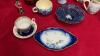 BLUE VINTAGE DISHES AND SOME POTTERY MUGS W/ CREAM AND SUGAR, SOAP DISPENSER, TEA CUPS AND SAUCERS - ROYAL ALBERT - 2