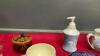 BLUE VINTAGE DISHES AND SOME POTTERY MUGS W/ CREAM AND SUGAR, SOAP DISPENSER, TEA CUPS AND SAUCERS - ROYAL ALBERT - 3