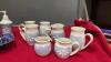 BLUE VINTAGE DISHES AND SOME POTTERY MUGS W/ CREAM AND SUGAR, SOAP DISPENSER, TEA CUPS AND SAUCERS - ROYAL ALBERT - 4