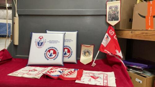 (2) CALGARY STAMPEDE BANNERS, BEER KERCHIEFS, MEDICINE HAT STAMEPEDE SEAT PADS