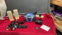 SMALL EMERSON CD CASSETTE RADIO PLAYER, COMPUTER SPEAKERS, AND MISC CABLES, ETC.
