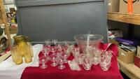 (2) BOXES W/ VINTAGE PUNCH BOWL W/ 20 GLASSES AND HOOKS, VINTAGAE WINE AND LIQUOR GLASSES, AND AN AMBER WATER JUG W/ 4 GLASSES