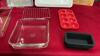 BOX OF KITCHEN - CUTTING BOARD, (3) PIECE BAKING PANS, 4 MINI SILICONE, ICE TRAY - 4