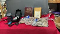 BOX W/ DICTIONARIES, COWBOY BOOK, SUNBEAM HAIR CLIPPERS, COIN ROLLING TUBES, AND A COUPLE OF PLASTIC STORAGE CONTAINERS