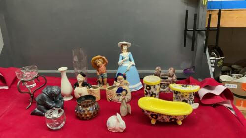 BOX W/ DECOR - FIGURINES, CANDLE HOLDERS, VASE, CERAMIC AND RESIGN BATHROOM SET, BUTTERFLY WINDCHIMES