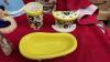 BOX W/ DECOR - FIGURINES, CANDLE HOLDERS, VASE, CERAMIC AND RESIGN BATHROOM SET, BUTTERFLY WINDCHIMES - 2