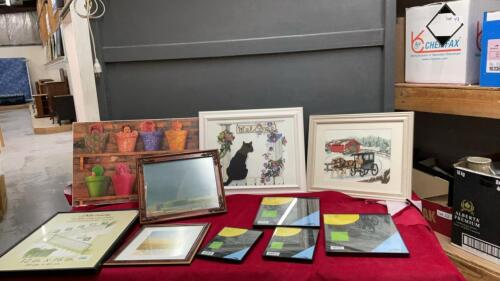 BOX W/ FRAMES AND PICTURES - (2) CROSS STITCH PICTURES AND A VARIETY OF PICTURE FRAMES
