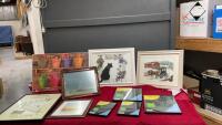 BOX W/ FRAMES AND PICTURES - (2) CROSS STITCH PICTURES AND A VARIETY OF PICTURE FRAMES