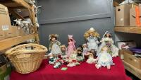 PORCELAIN DOLLS IN WICKER BASKET - SOME WITH STANDS