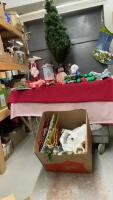 A BOX AND A FIBRE OPTIC 48&rdquo; CHRISTMAS TREE - SNOWMAN DECOR, GIFT BAGS, ANGEL TREE TOPPER, LIGHTS, VINTAGE STYLE SILK WRAPPED ORNAMENTS ETC.