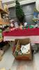 A BOX AND A FIBRE OPTIC 48&rdquo; CHRISTMAS TREE - SNOWMAN DECOR, GIFT BAGS, ANGEL TREE TOPPER, LIGHTS, VINTAGE STYLE SILK WRAPPED ORNAMENTS ETC.