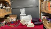 BOX W/ MISC. HOUSEHOLD - HAND MIXER, METAL SKEWERS, KITCHEN SCALE ETC.