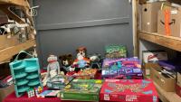 BOX OF ASSORTED STUFFIES, PUZZLES AND BEDAZZLER