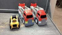 BOX W/ (2)PLASTIC TOY TRUCKS + HOT ROD