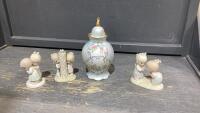 FLAT W/ PRECIOUS MOMENTS FIGURINES + DECORATIVE VASE W/LID
