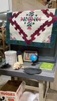 BOX W/ SEA SHELL, MUSIC BOOK, KNIFE SET IN BLOCK, LAP QUILT
