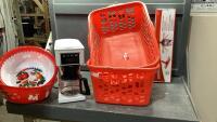 (2)LAUNDRY BASKETS W/BUNN COFFEE MAKER +WHIZZ MOP, (2)BOWLS