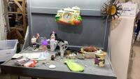 PLASTIC BIN W/VINTAGE GLASSWARE, MICKEY + MINNIE STUFFIES + MUGS,HOCKEY FIGURINE