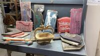 BLUE TOTE W/ WOOD WALL ART, BAMBOO APPLE BASKET, ARROWS