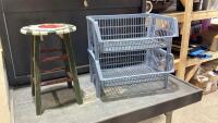 (2) ITEMS - WOOD STOOL + STACKING STORAGE BASKETS