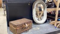 (2)ITEMS - PICNIC BASKET AND WICKER FRAMED MIRROR