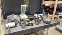 BIG BOX OF HOUSEHOLD- KETTLE, HAND MIXER, BLENDER, BAKING PANS