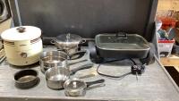 BOX W/DEEP FRYER/STEAMER, ELECTRIC FRYPAN, ASSSORTED POTS