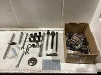 SHOP BOX OF MIXED TOOLS W/ SOCKETS, WRENCHES, DRILL BITS & MISCELLANEOUS