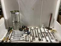 (2) PAILS OF MISCELLANEOUS TOOLS W/ WRENCHES, ALLEY KEYS, HAMMER & MEASURE TAPES